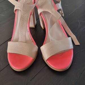 Vince Camuto T-strap Chunky Heel Tan and Hot Pink